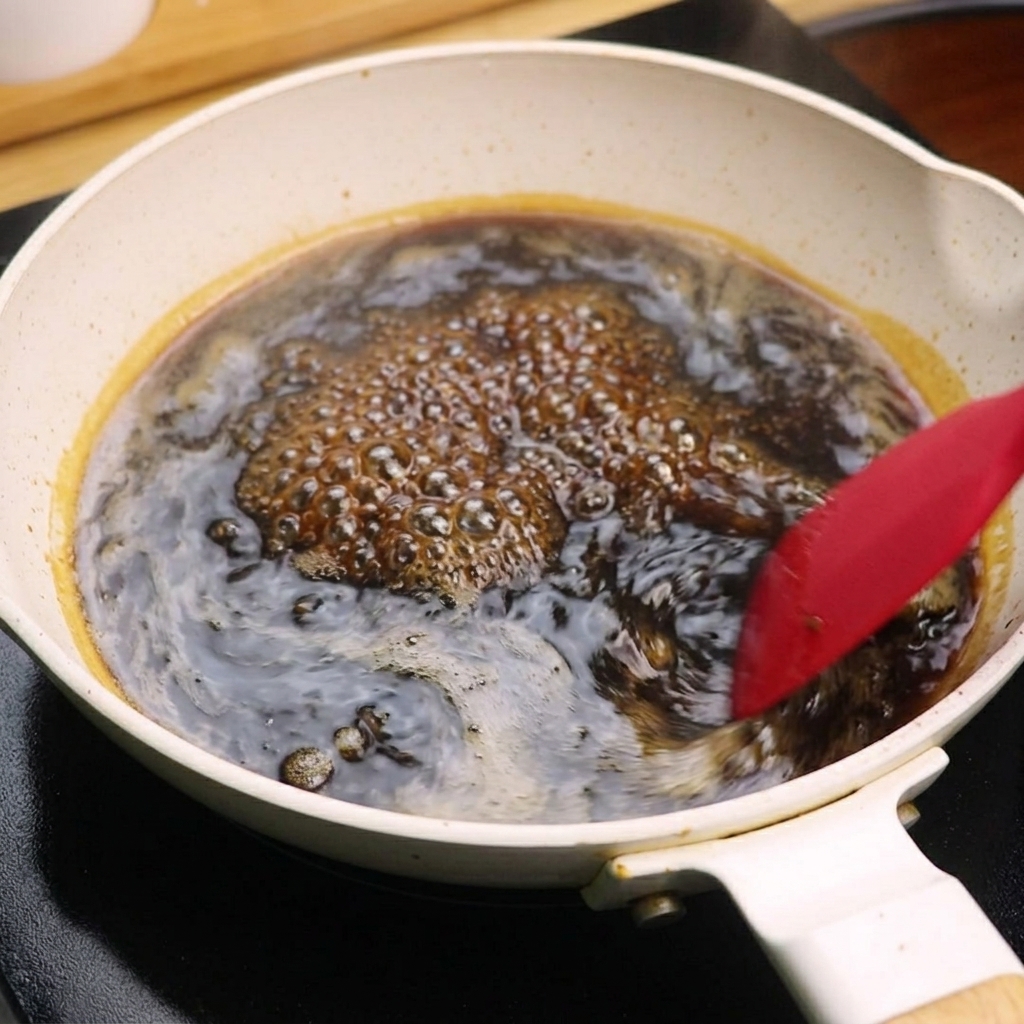 フライパンでとろみがつくまで煮詰められ、ヘラで混ぜられている照り焼きソース。