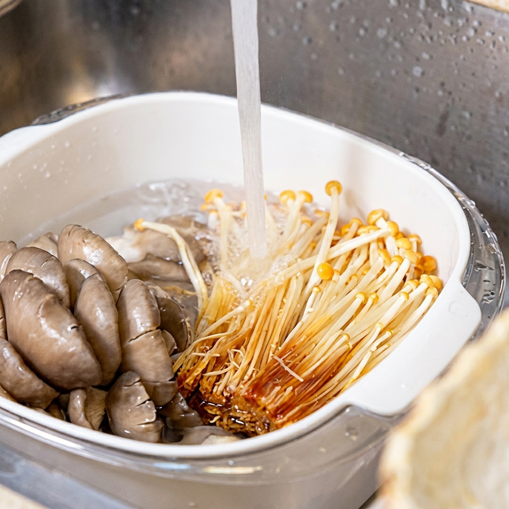 シンクでえのきと椎茸を丁寧に水洗いしている様子。