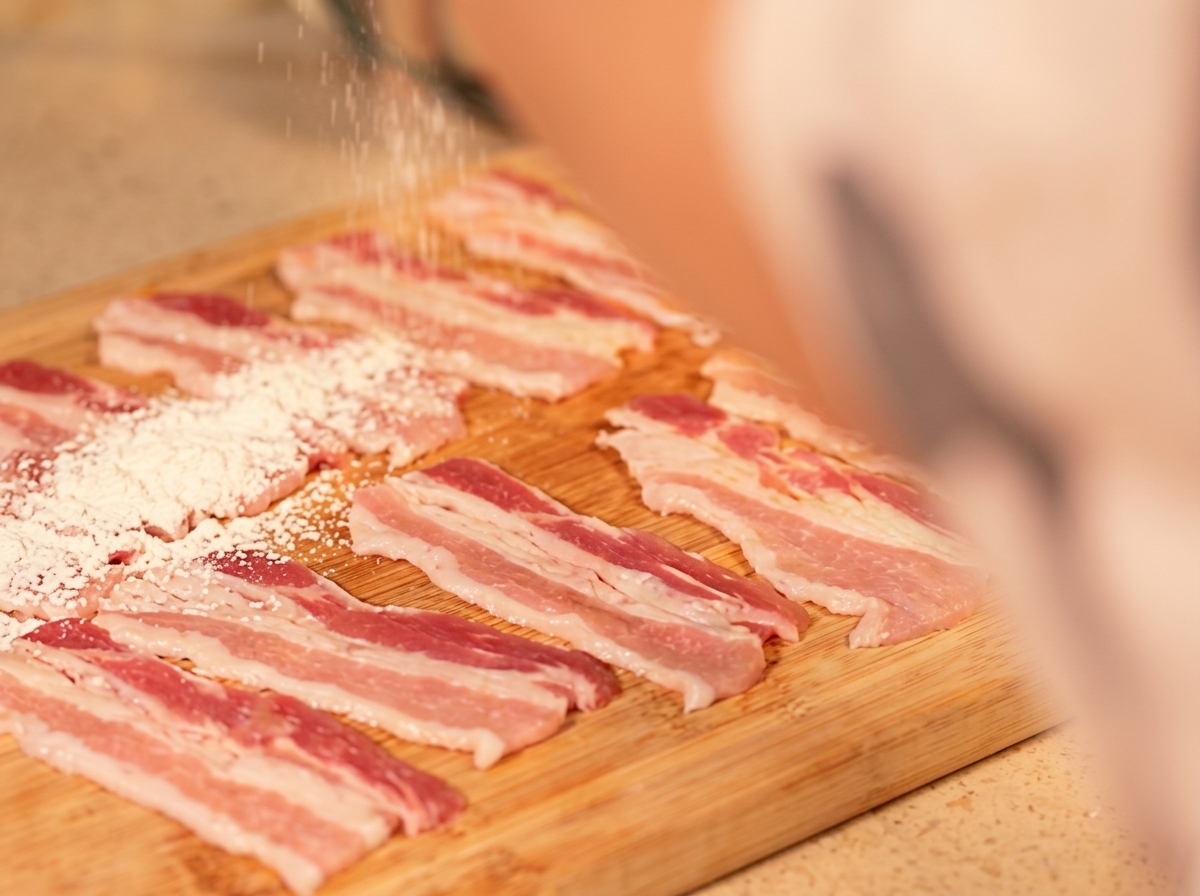 まな板の上でスライスした豚バラ肉に片栗粉をまぶしている様子。