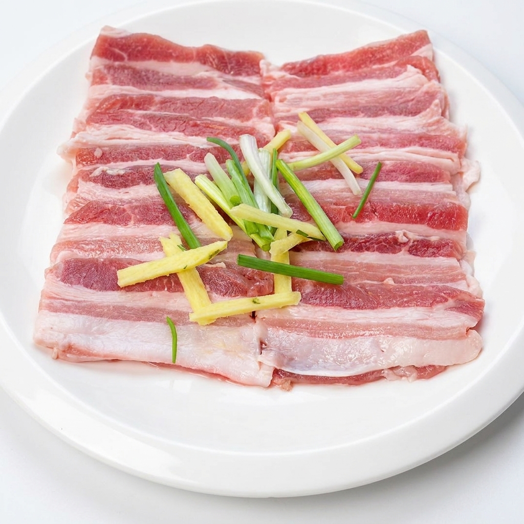 生姜、醤油、オイスターソース、バーベキューシーズニングで味付けされた豚バラ肉。