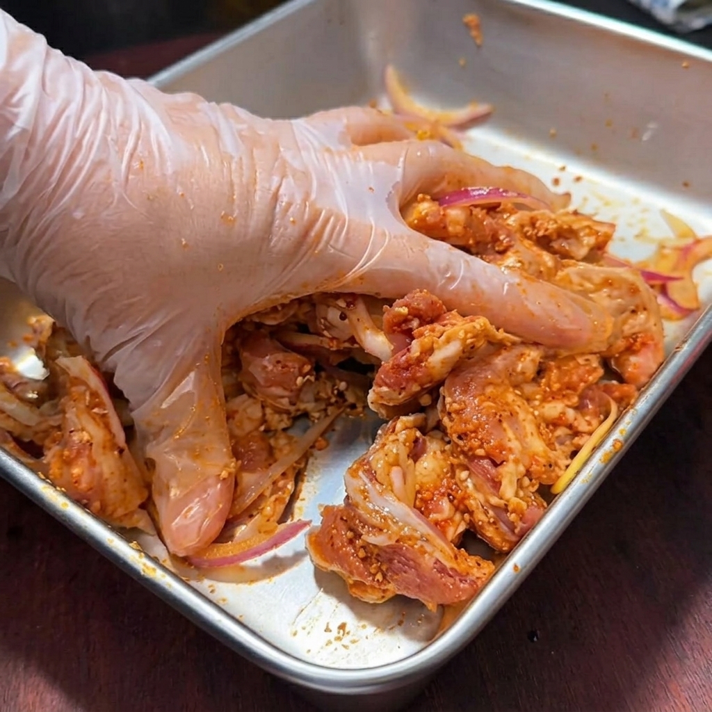 アルミホイルを敷いた天板に並べられた、味付け済みの豚バラ肉。