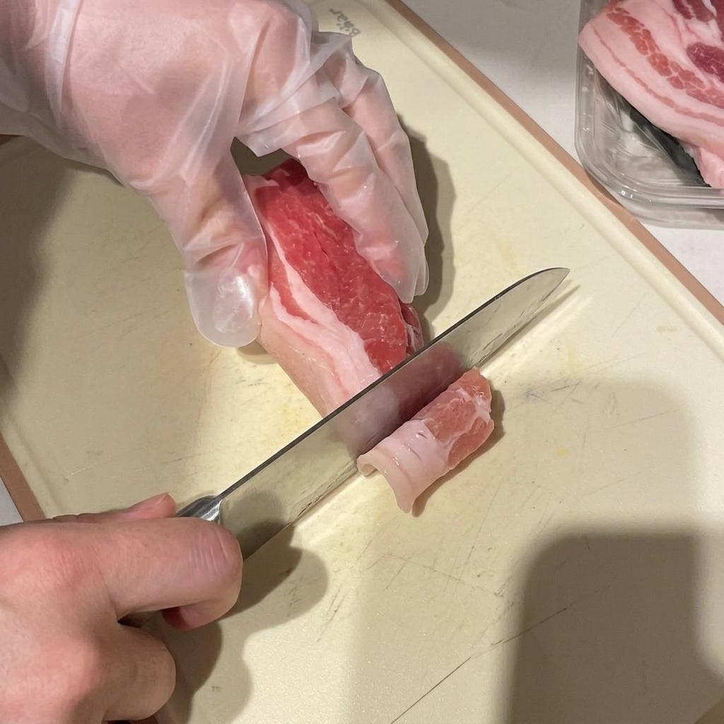 半冷凍の豚バラ肉をまな板の上で丁寧に薄切りにしている様子
