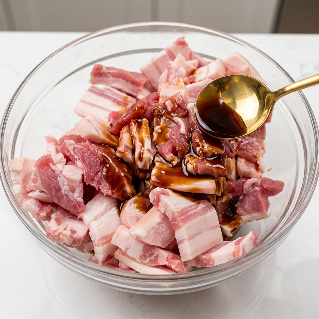 ボウルに入った豚肉を調味料で和えている様子