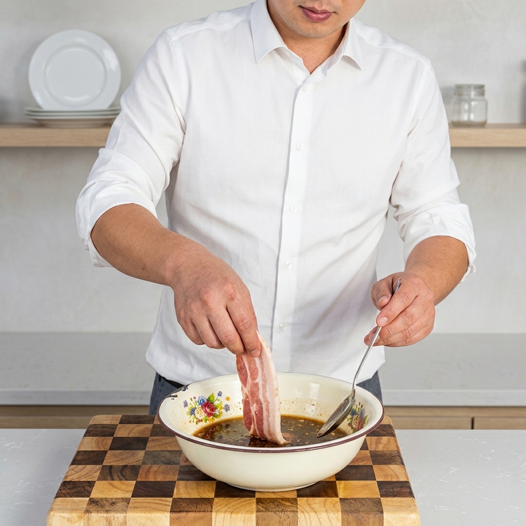 カットした豚肉をタレの中に投入している様子。