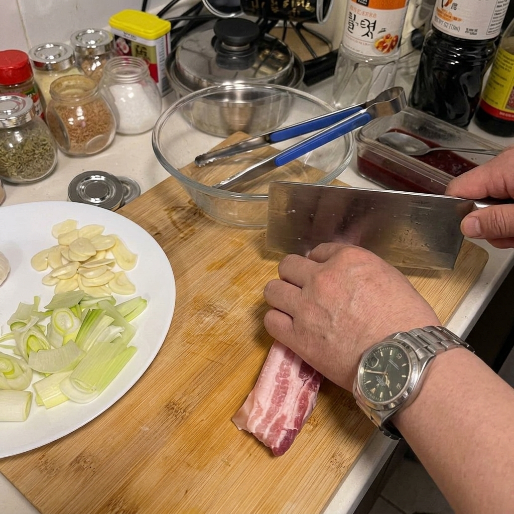 まな板の上で大きな包丁を使い、厚切りの生豚バラ肉を切っている様子。