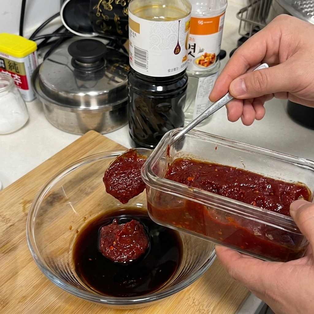 醤油が入ったボウルにコチュジャンをスプーンで入れている様子。