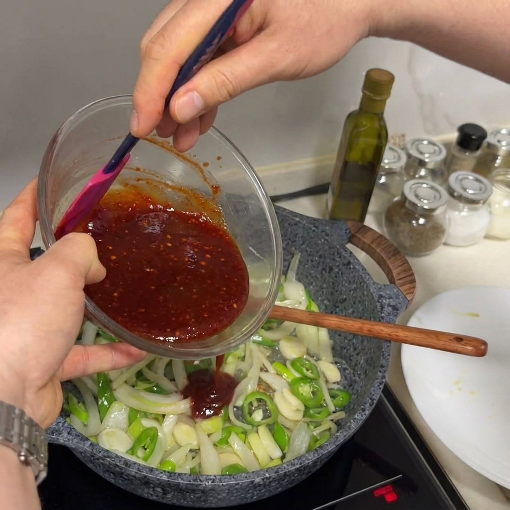 炒めた野菜にソースを流し込んでいる様子。