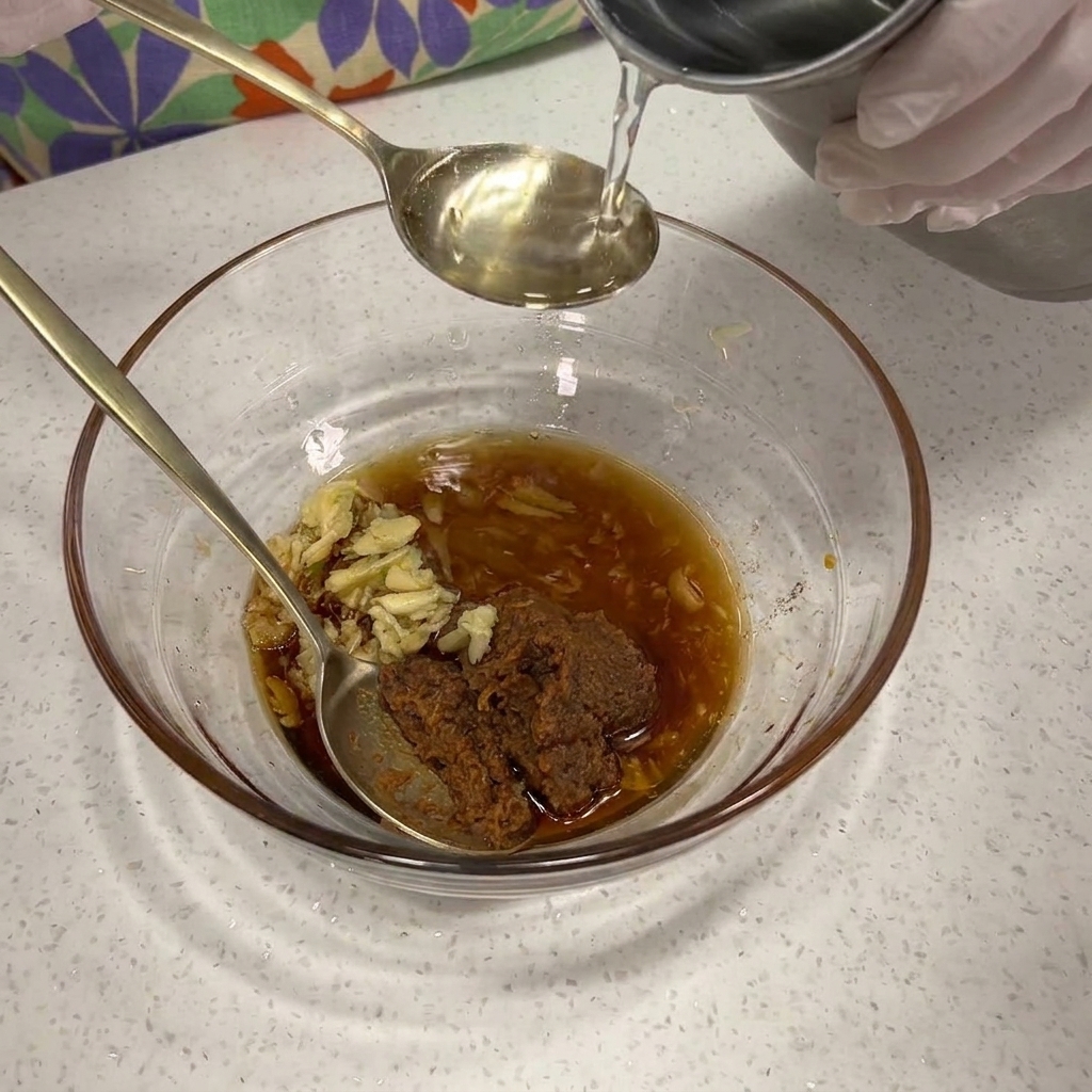 ガラスボウルの中で、調味料をスプーンで混ぜ合わせている様子。
