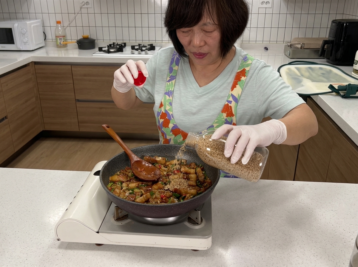 仕上げに手でいりごまをパラパラと振りかけている様子。