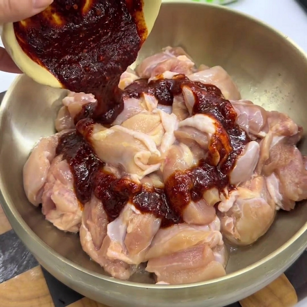 大きなボウルの中で、カットした鶏肉に赤いヤンニョムを絡めている様子。