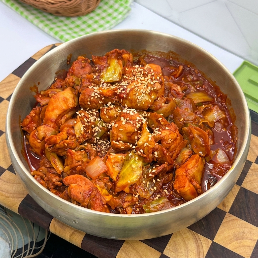 フライパンの中で、スパイシーな鶏肉、キャベツ、玉ねぎを炒め合わせている様子。