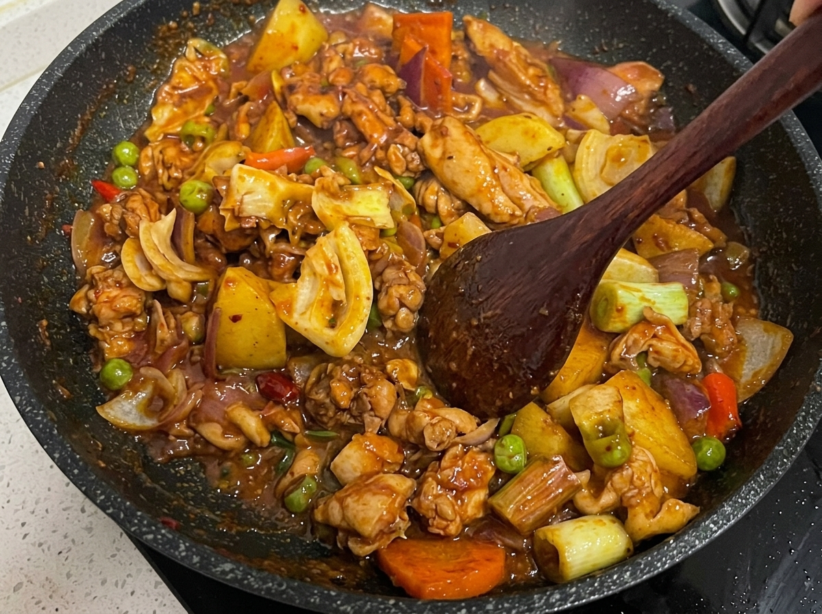 熱いフライパンの中で、赤くてとろみのあるソースと一緒にグツグツ煮込まれている鶏肉とミックス野菜。