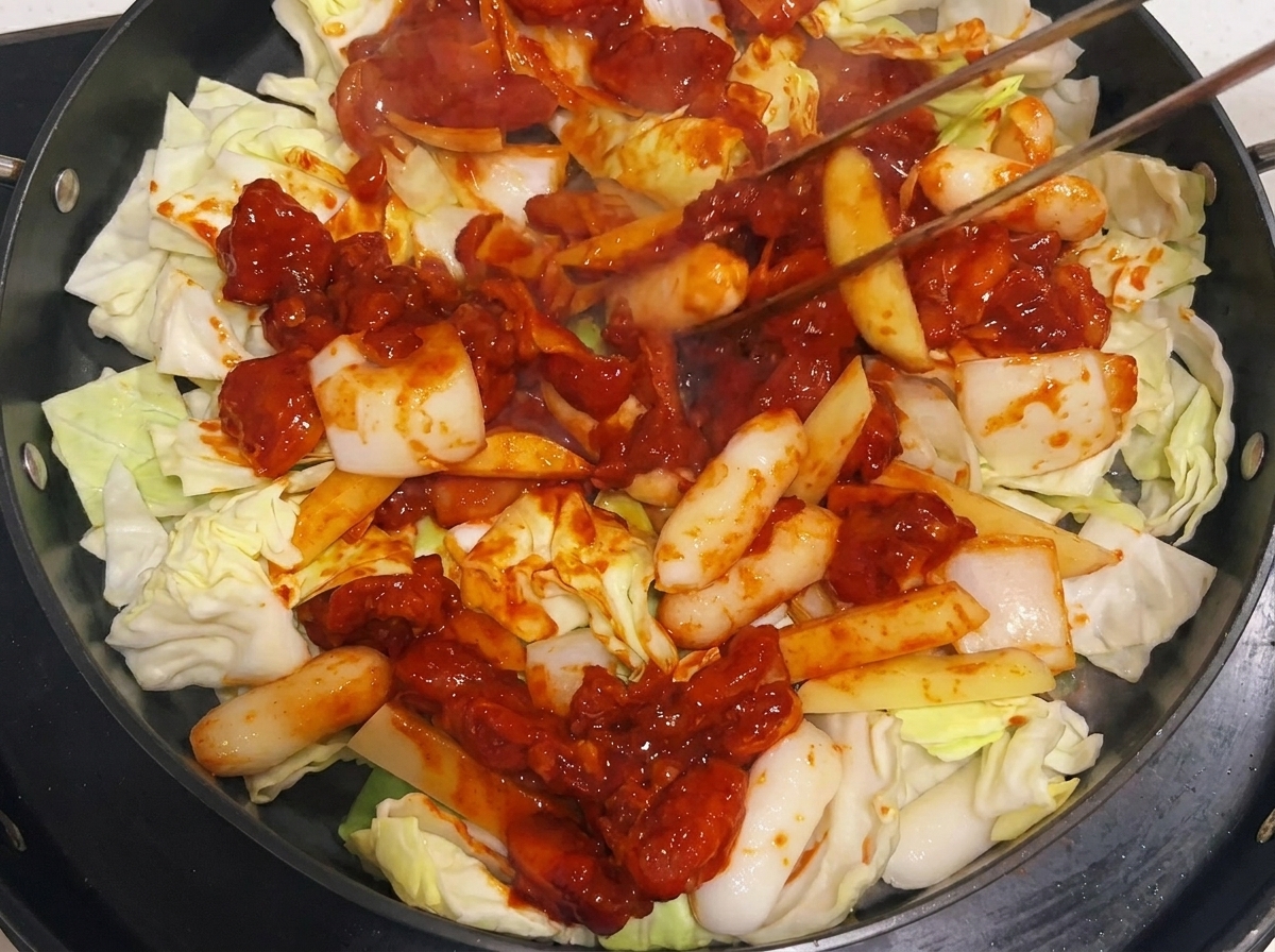 トングで鶏肉と野菜を炒め合わせている様子。
