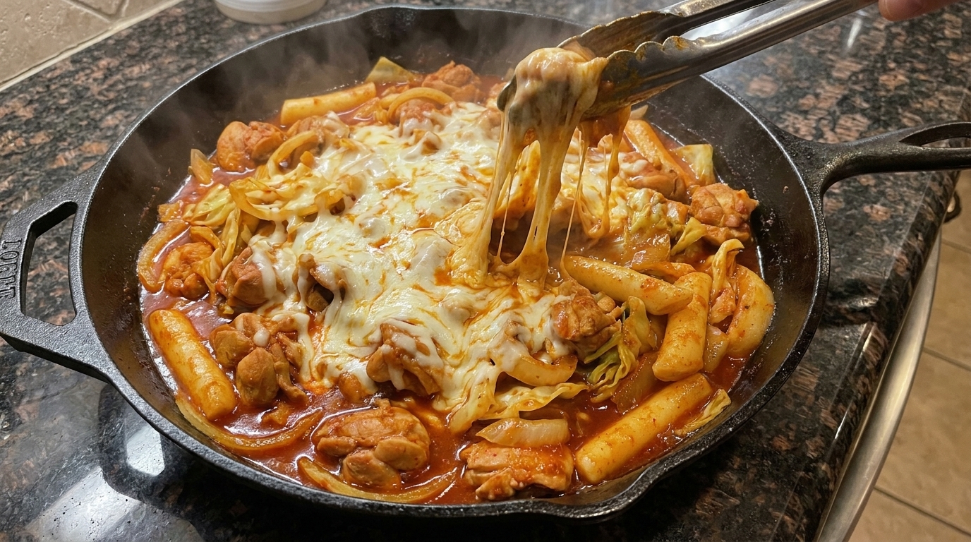 とろりと溶けたモッツァレラチーズが食欲をそそる、韓国風ピリ辛鶏肉炒めタッカルビ。
