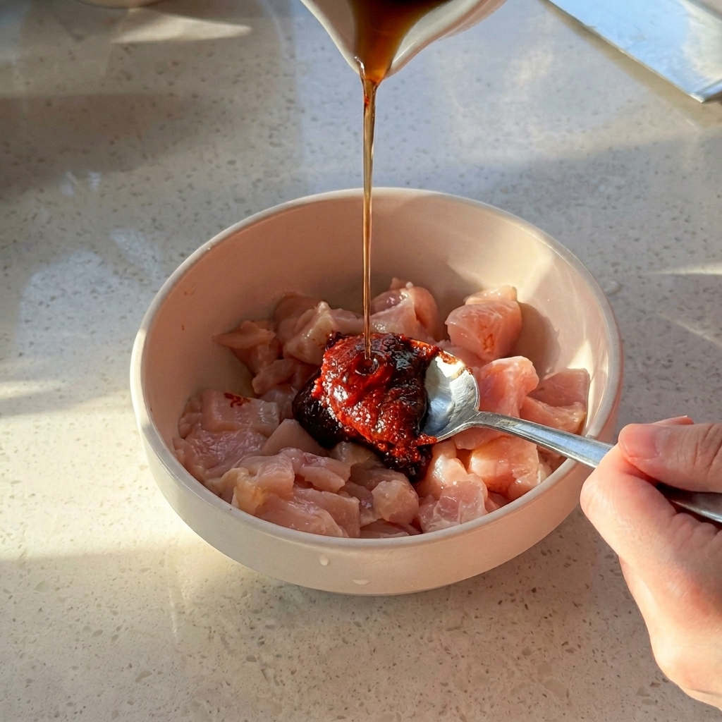 ボウルに入った鶏肉にコチュジャンなどの調味料を加えている様子