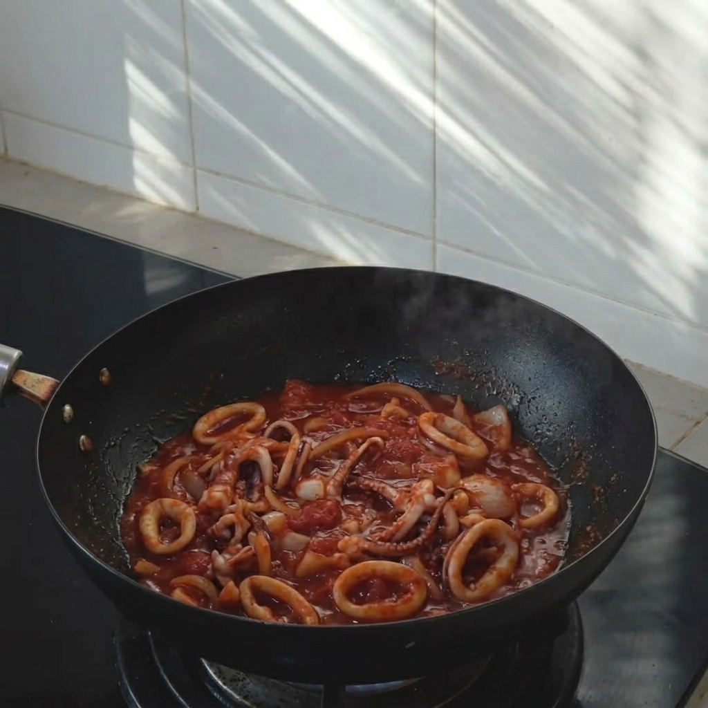 熱したフライパンでマリネした鶏肉を焼いている様子
