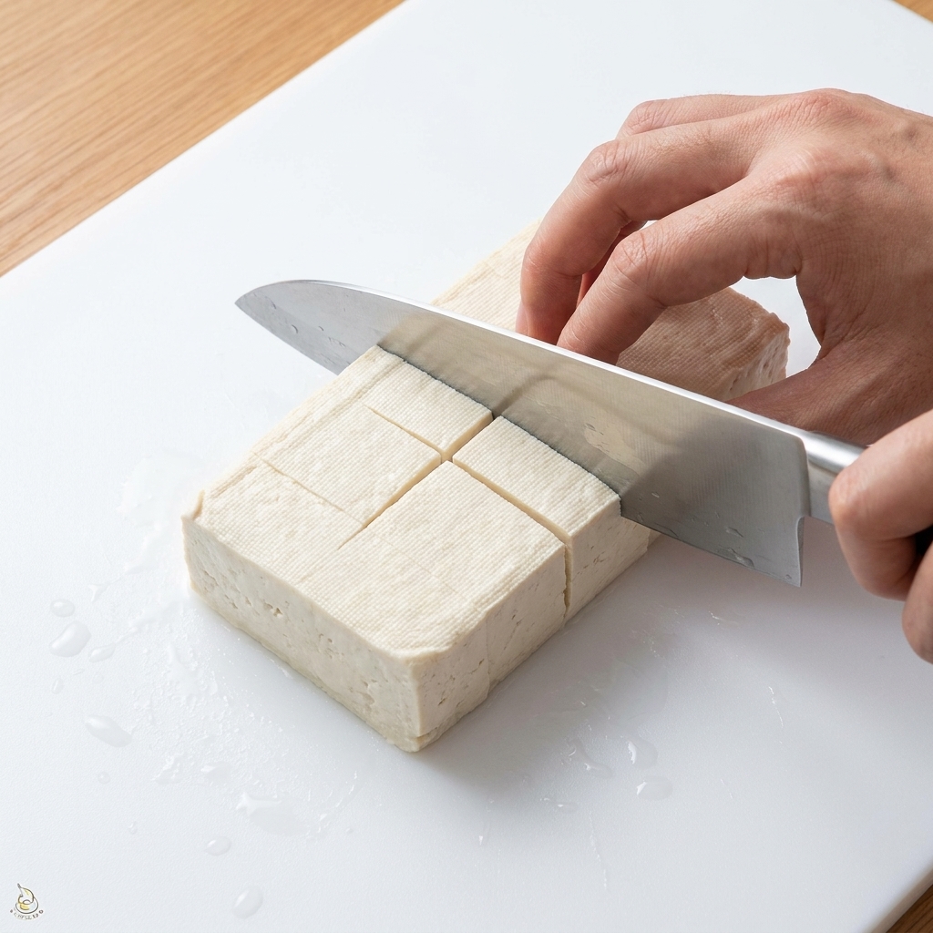 まな板の上で豆腐を小さく切り分けている様子。