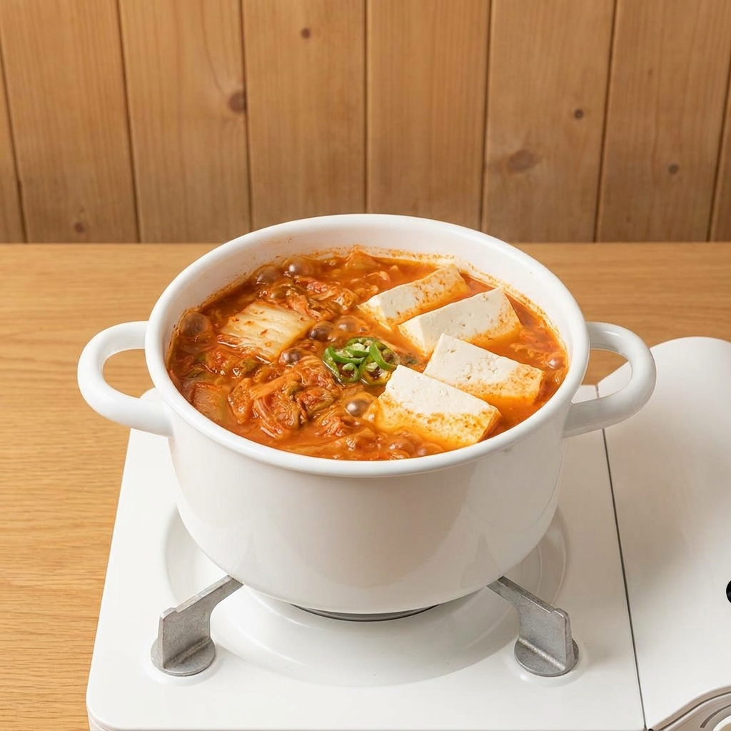 豆腐と豆もやしを鍋に入れている様子。