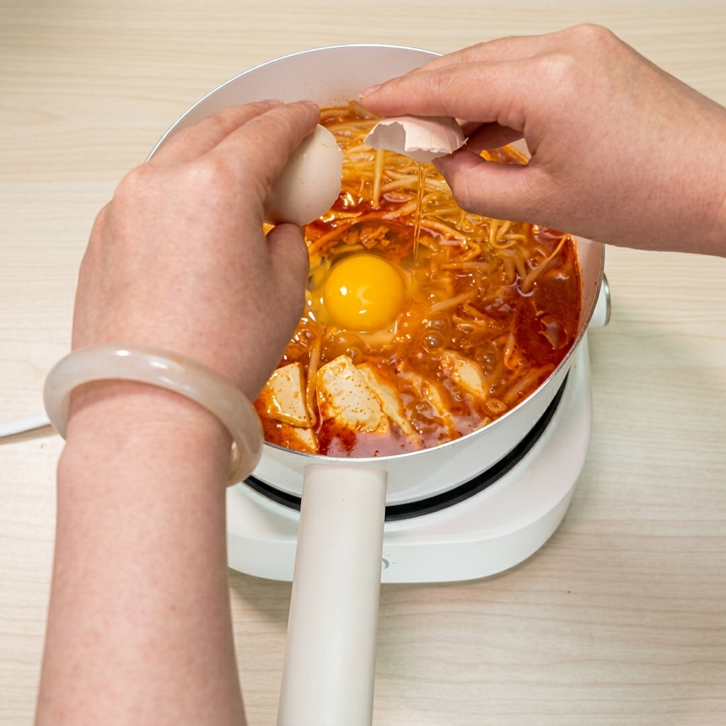 スープの中央に卵を割り落としている様子。