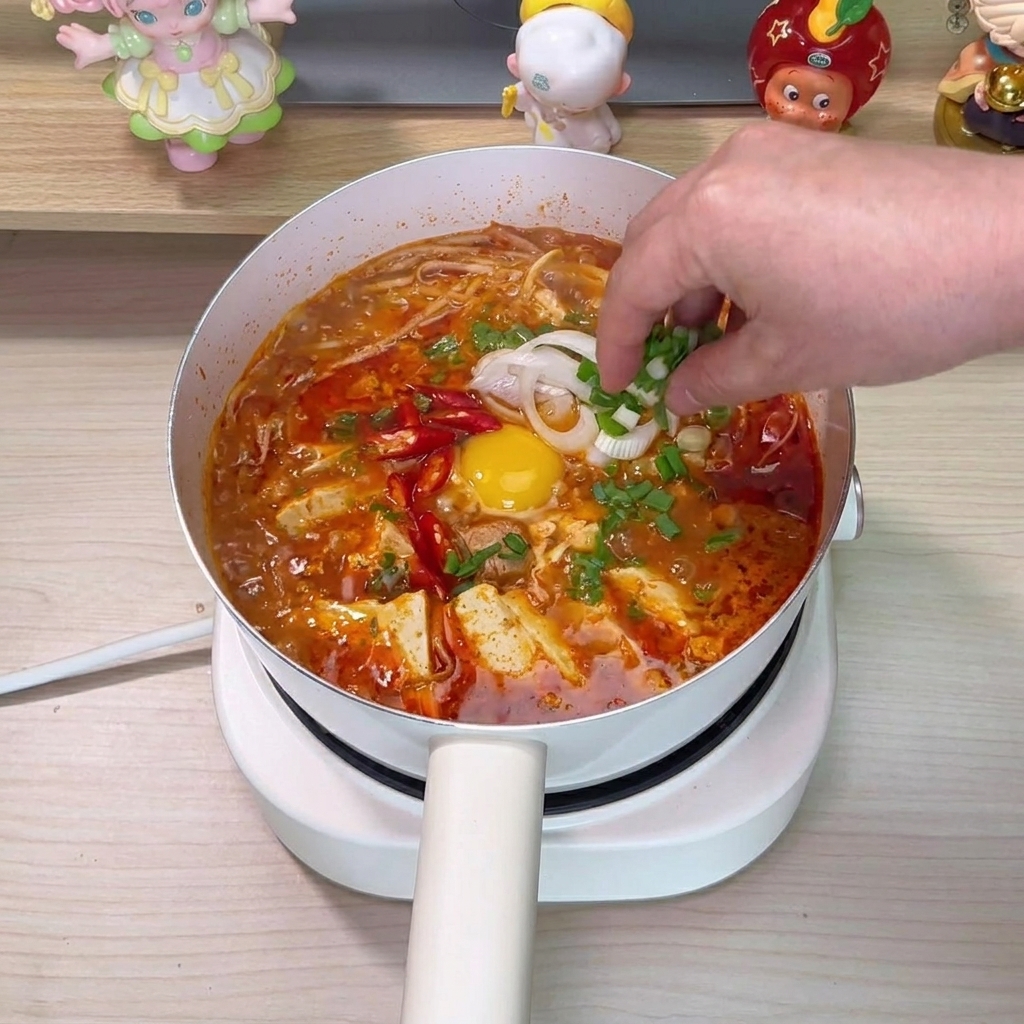 仕上げに長ねぎを散らしている様子。