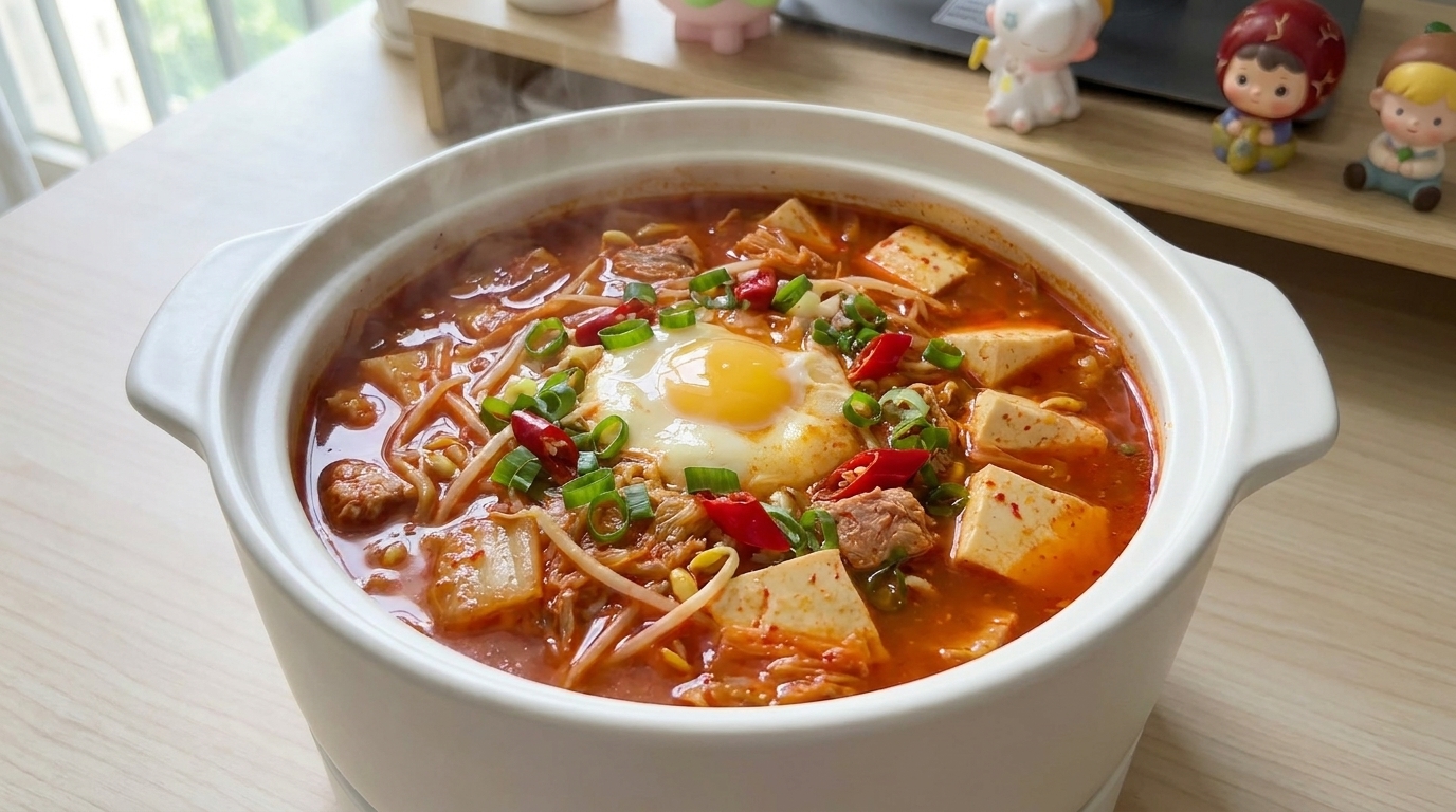 熱々のツナ豆腐キムチスープ。半熟卵を落とし、薬味をたっぷりと添えて。
