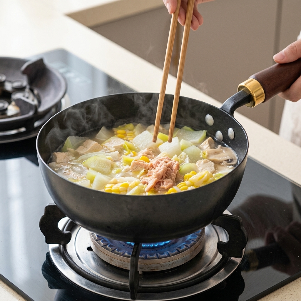 コンロ上の鍋に豆腐、野菜、ツナが入っており、キムチと唐辛子を加えて仕上げている様子。