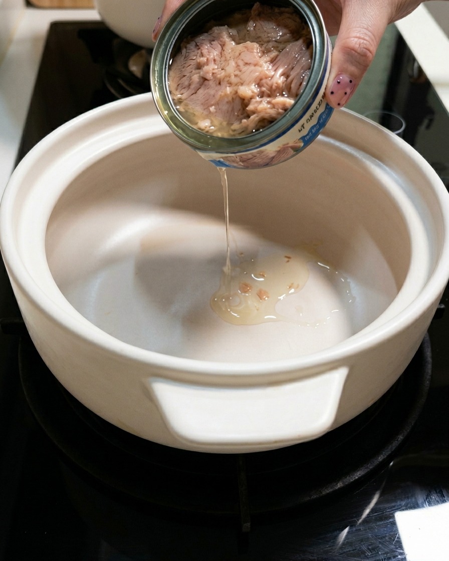 ツナ缶から白いセラミック鍋に油を注いでいる様子。