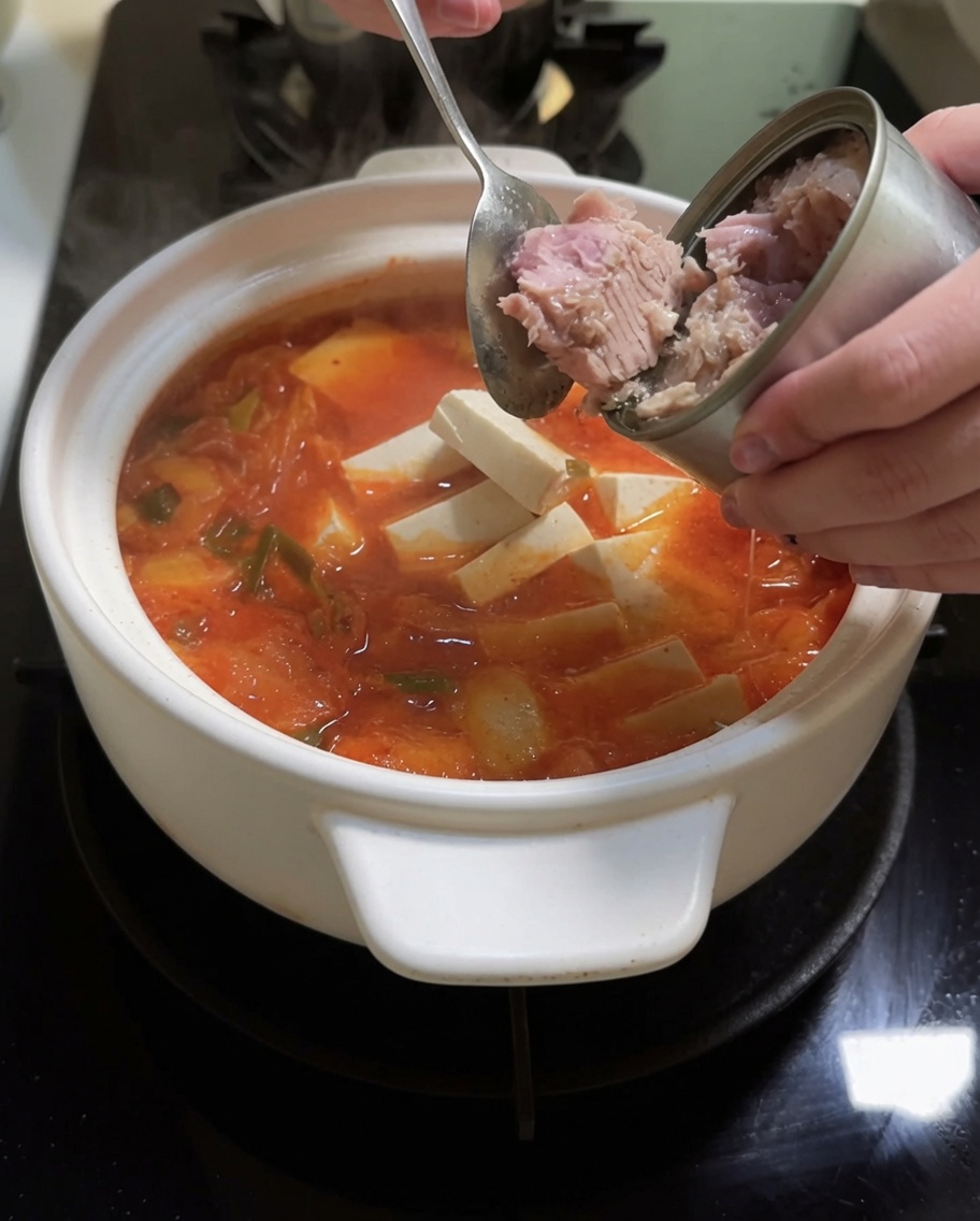 沸騰するピリ辛キムチスープに、豆腐の角切りとツナの塊を加えている様子。