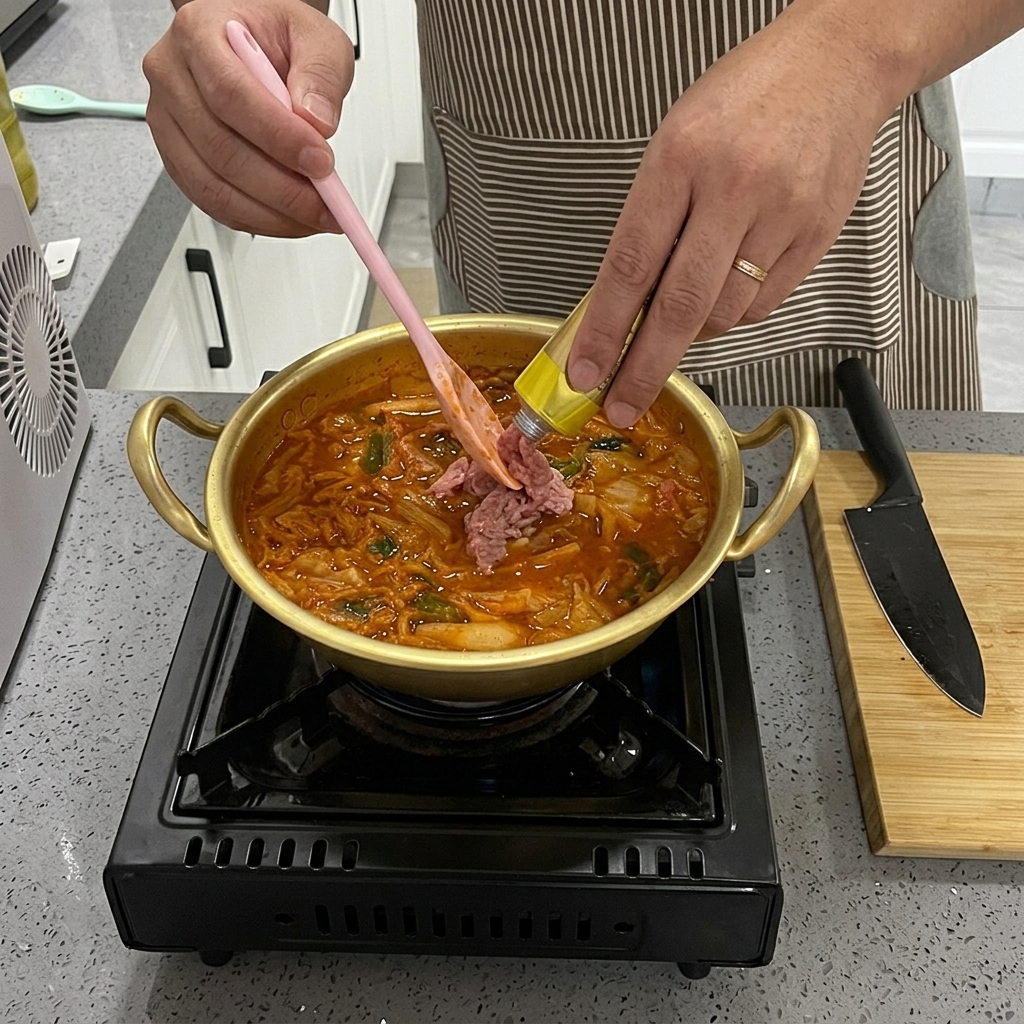 沸騰するスープの中にツナをそっと入れている様子。