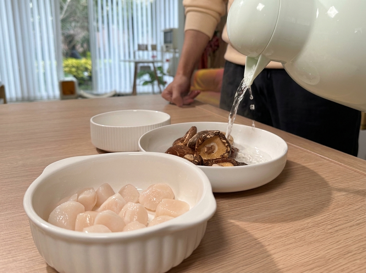木製のテーブルに置かれた2つの小さな白いボウル。片方には水に浸した干し椎茸、もう片方には干し貝柱が入っている。