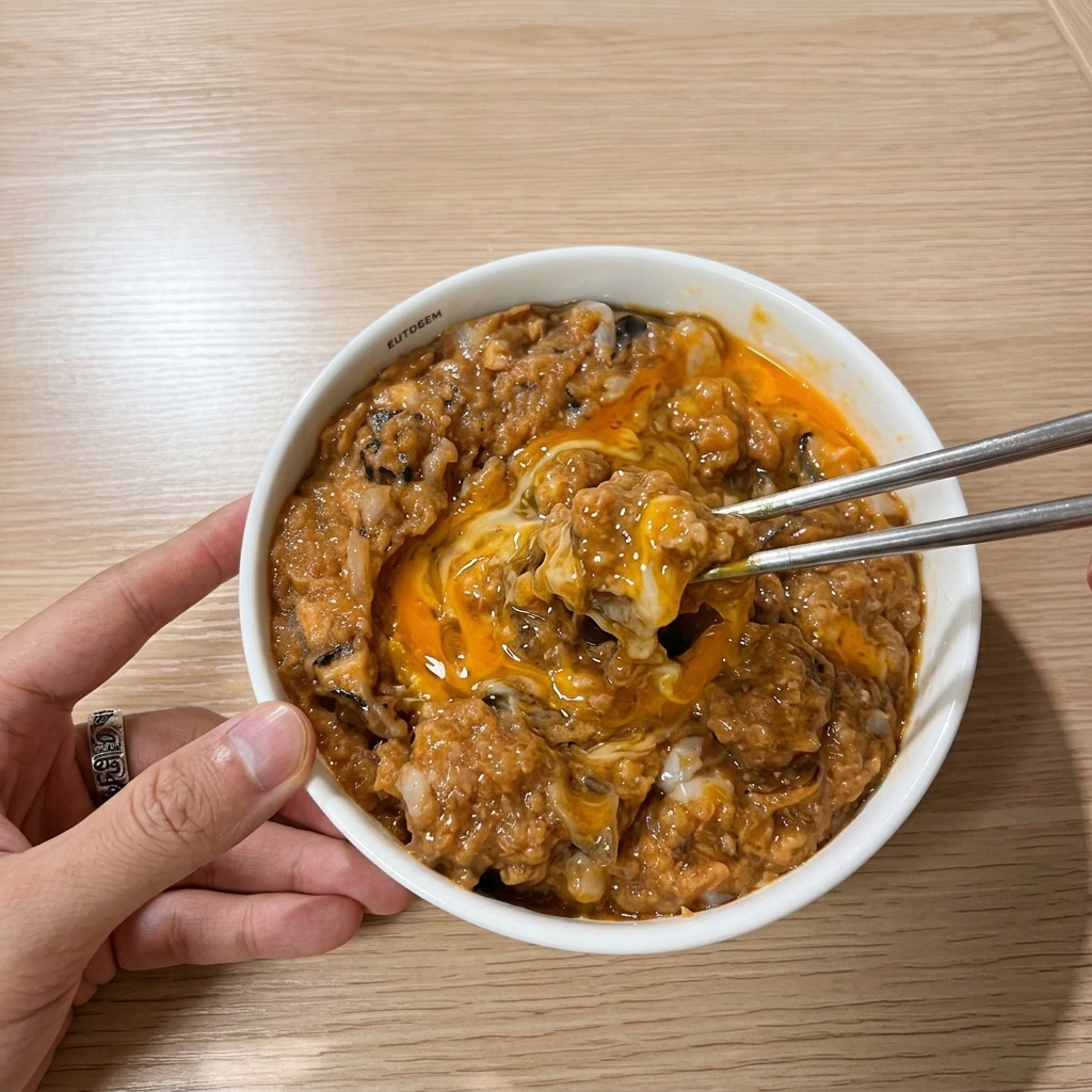 調味されたひき肉の生地に卵を加え、ステンレスの箸で混ぜ合わせているアップ写真。