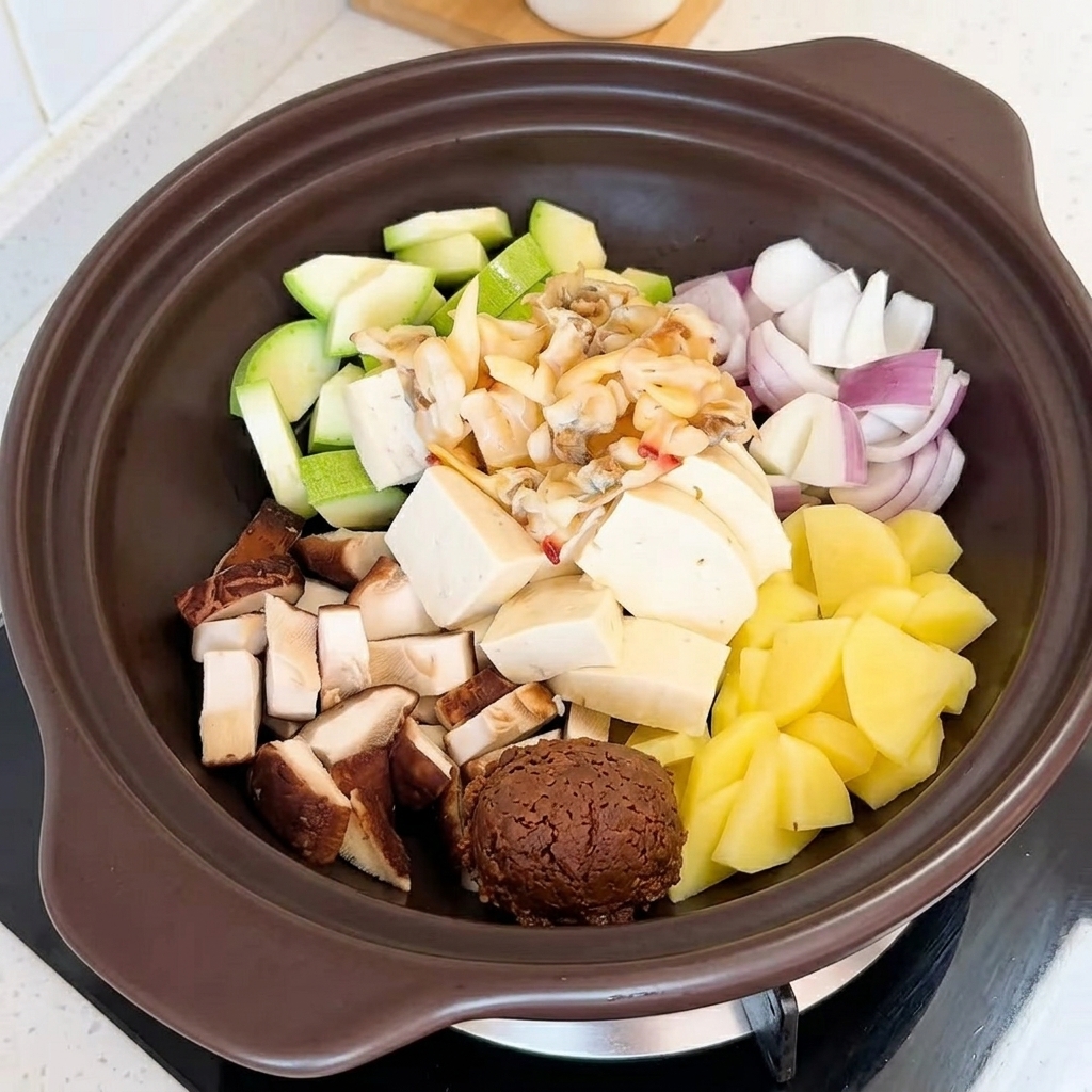豆腐や野菜が入った鍋の中央に、スプーン一杯の韓国味噌を落とす様子。