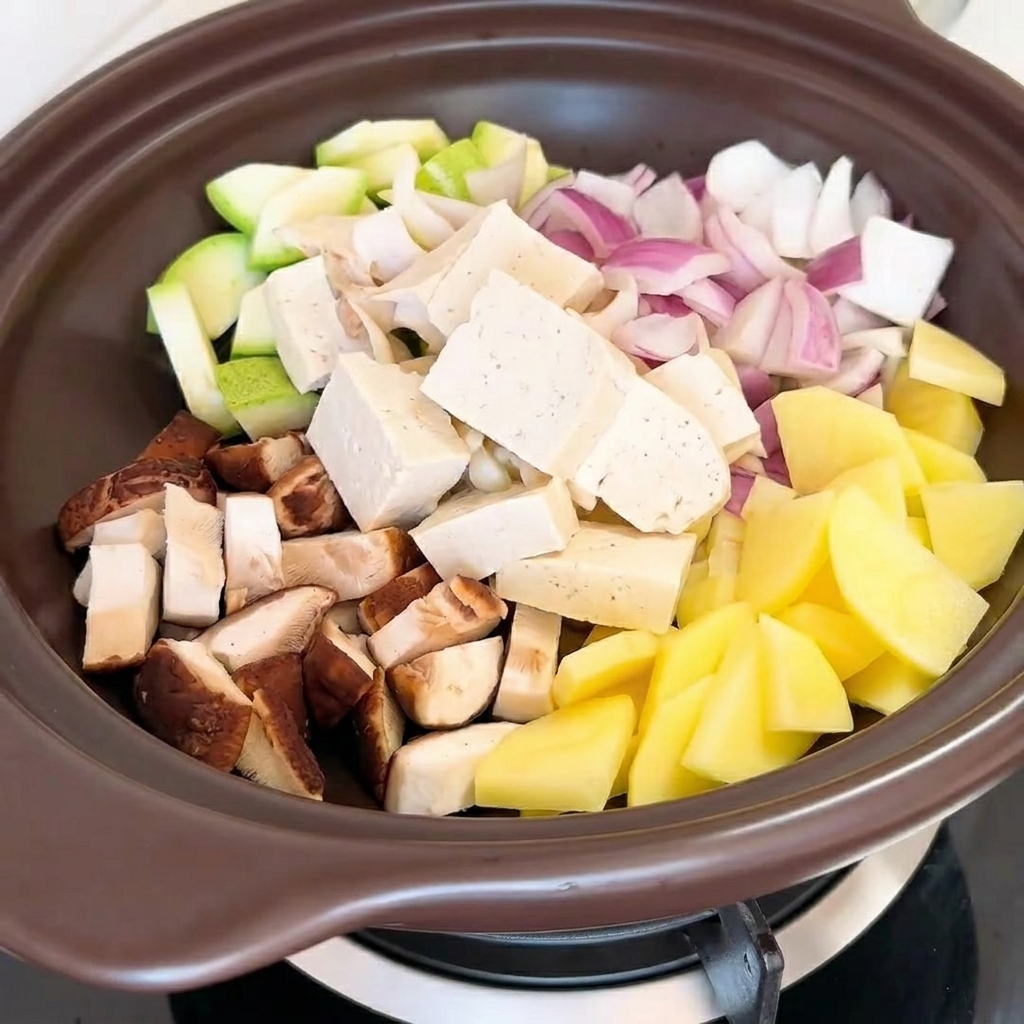 味付けされた食材の上から、計量カップで水を注いでいる様子。