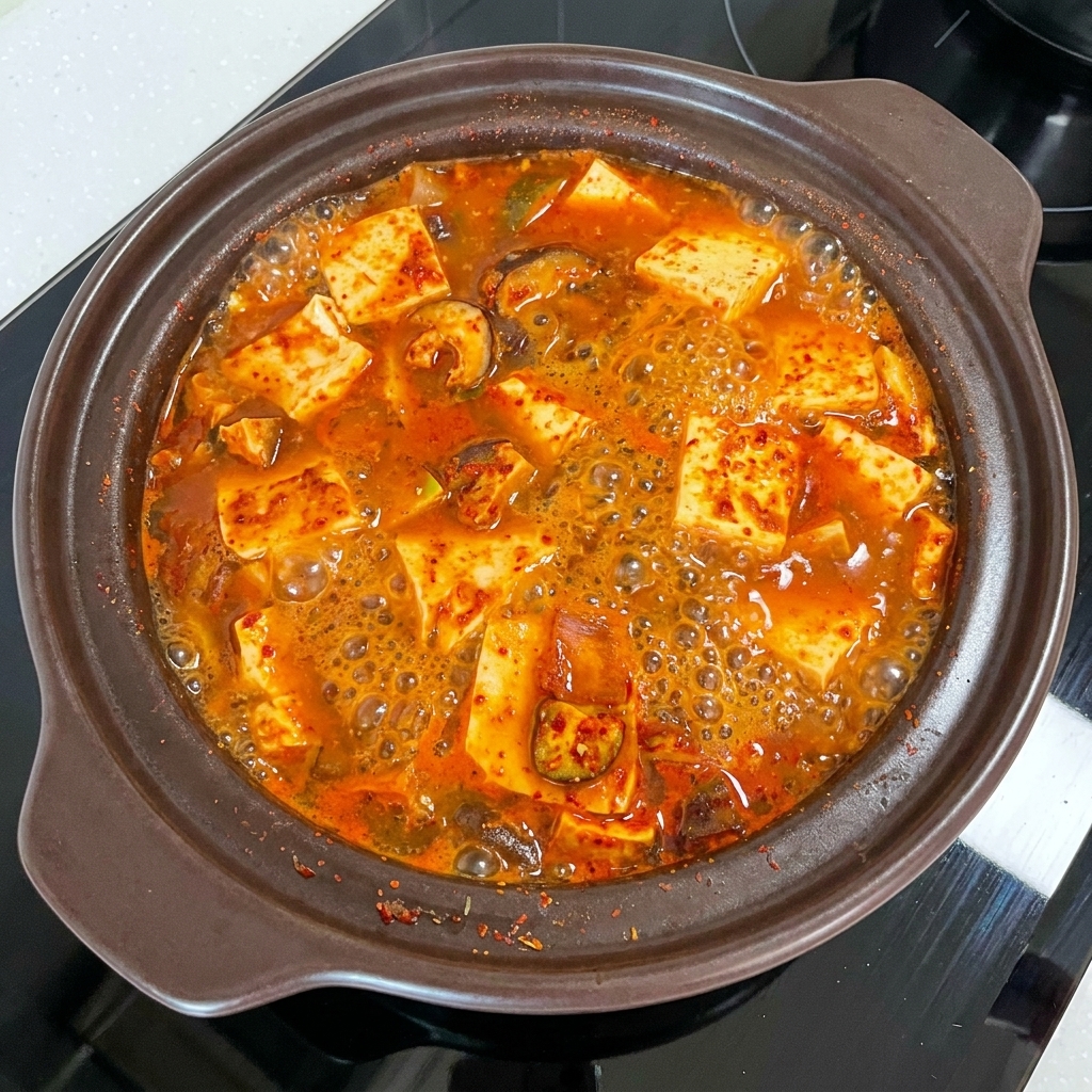 ぐつぐつと煮えるチゲに、ベビーチンゲン菜と赤青唐辛子を加えている様子。