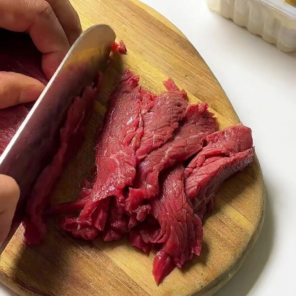 木のまな板の上で、生の牛肉を薄切りにしている様子。