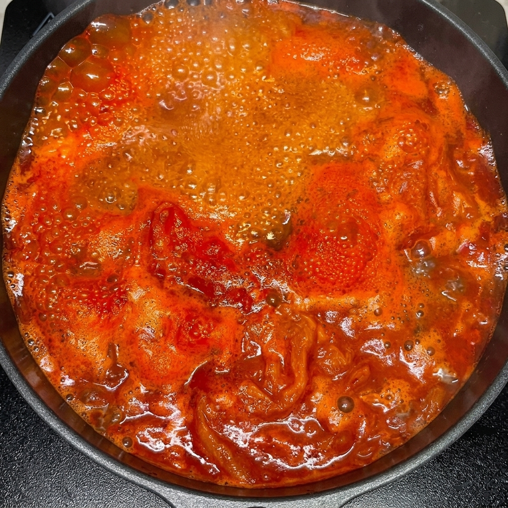 沸騰したスープに豆もやしとえのき茸を加えている様子。