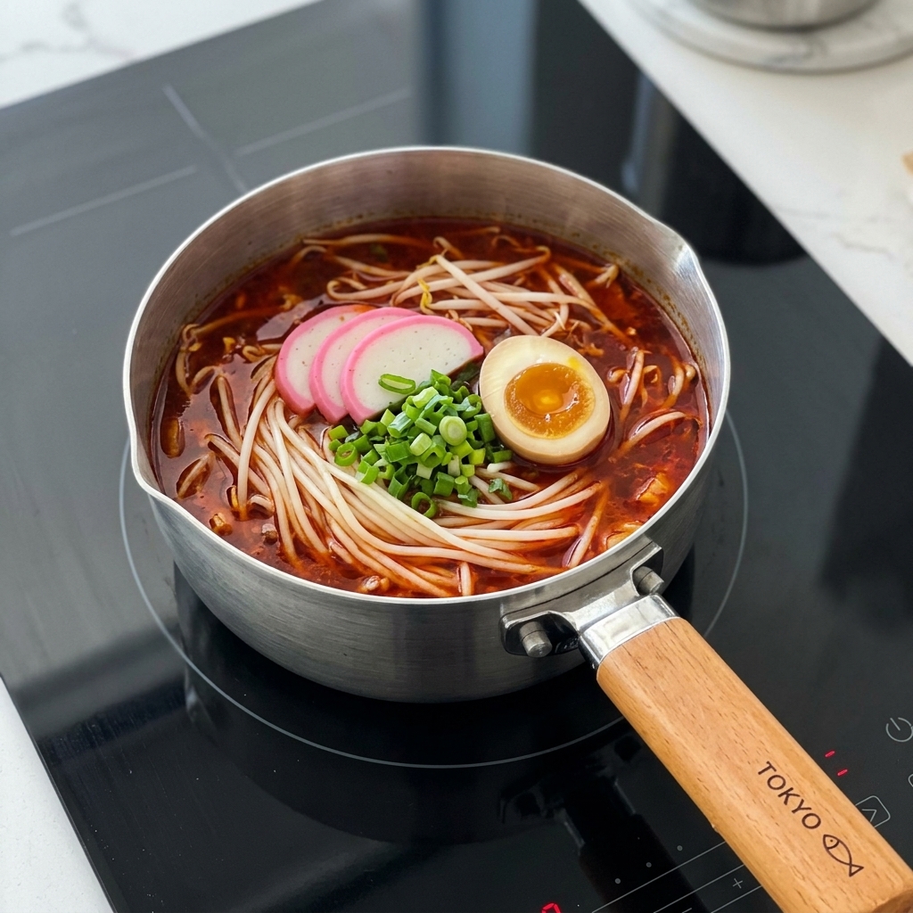 ぐつぐつ煮えるチゲの中央に卵を落とし入れる様子。
