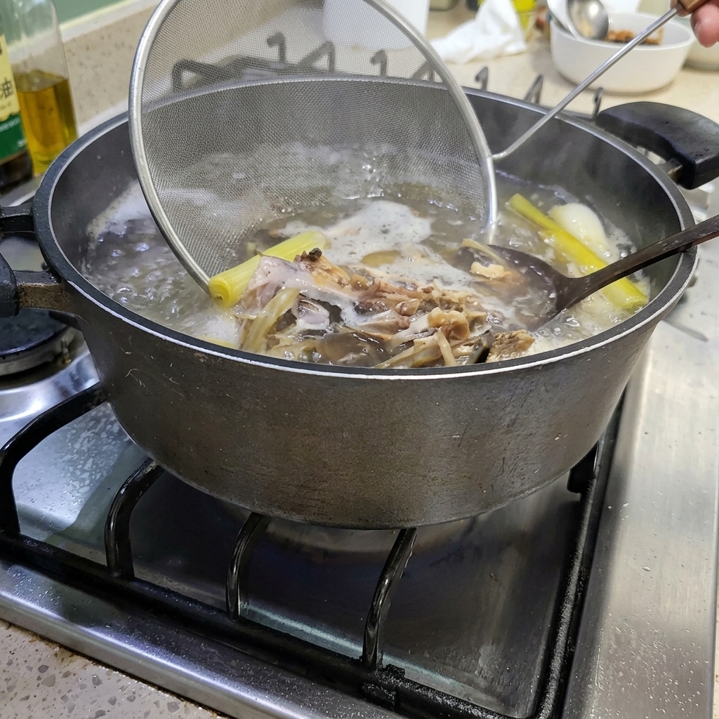 網じゃくしで沸騰した大きな鍋から具材や魚の頭を取り出している様子。