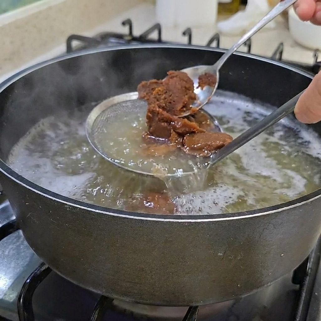 透き通っただし汁の入った鍋に、とろみのある茶色い韓国味噌をスプーン2杯分溶かしている様子。