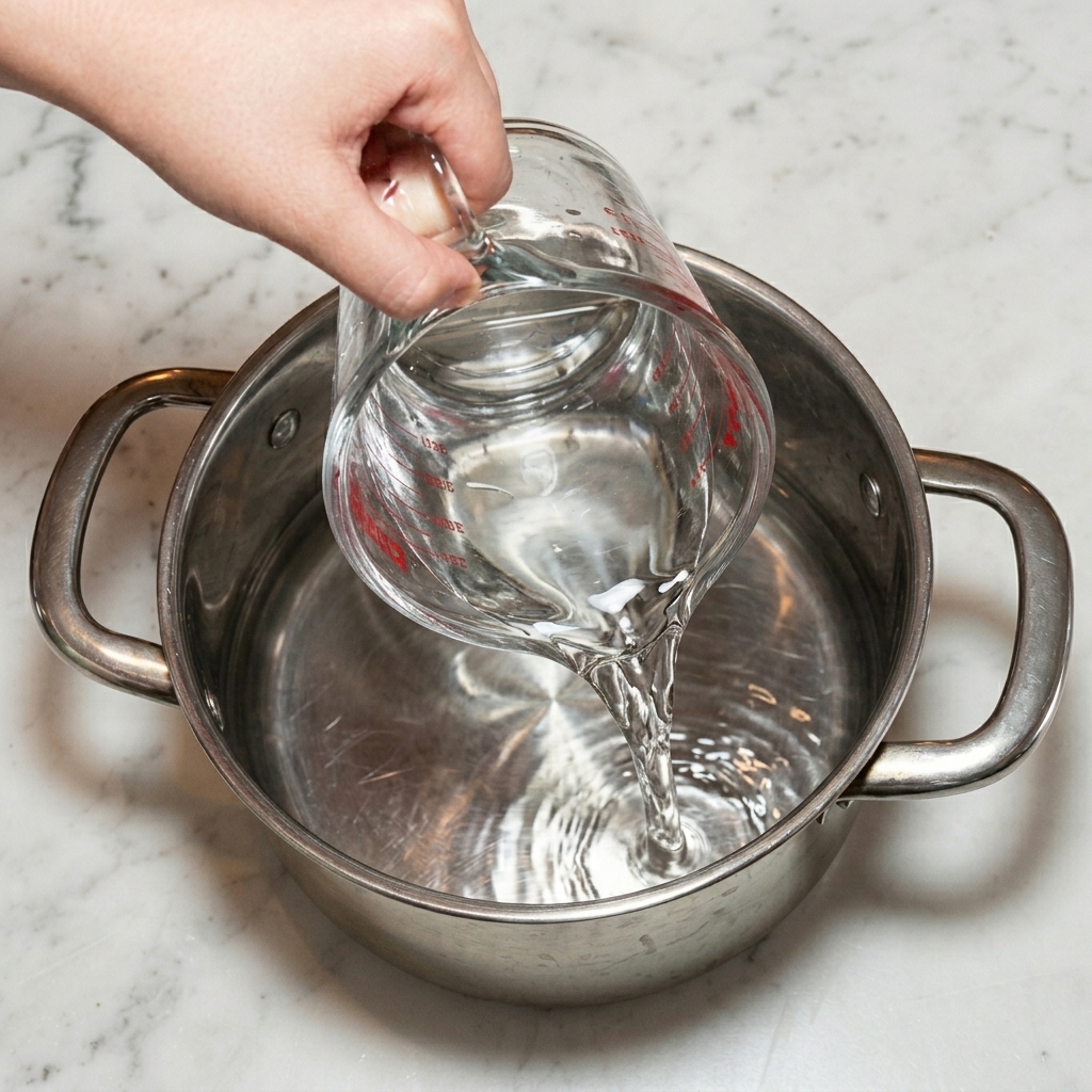 計量カップから鍋の材料に水を注ぎ入れている様子。