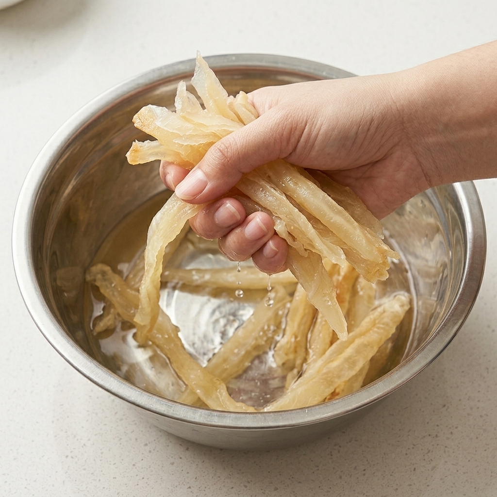 戻したタラを手でしっかりと絞っている様子。
