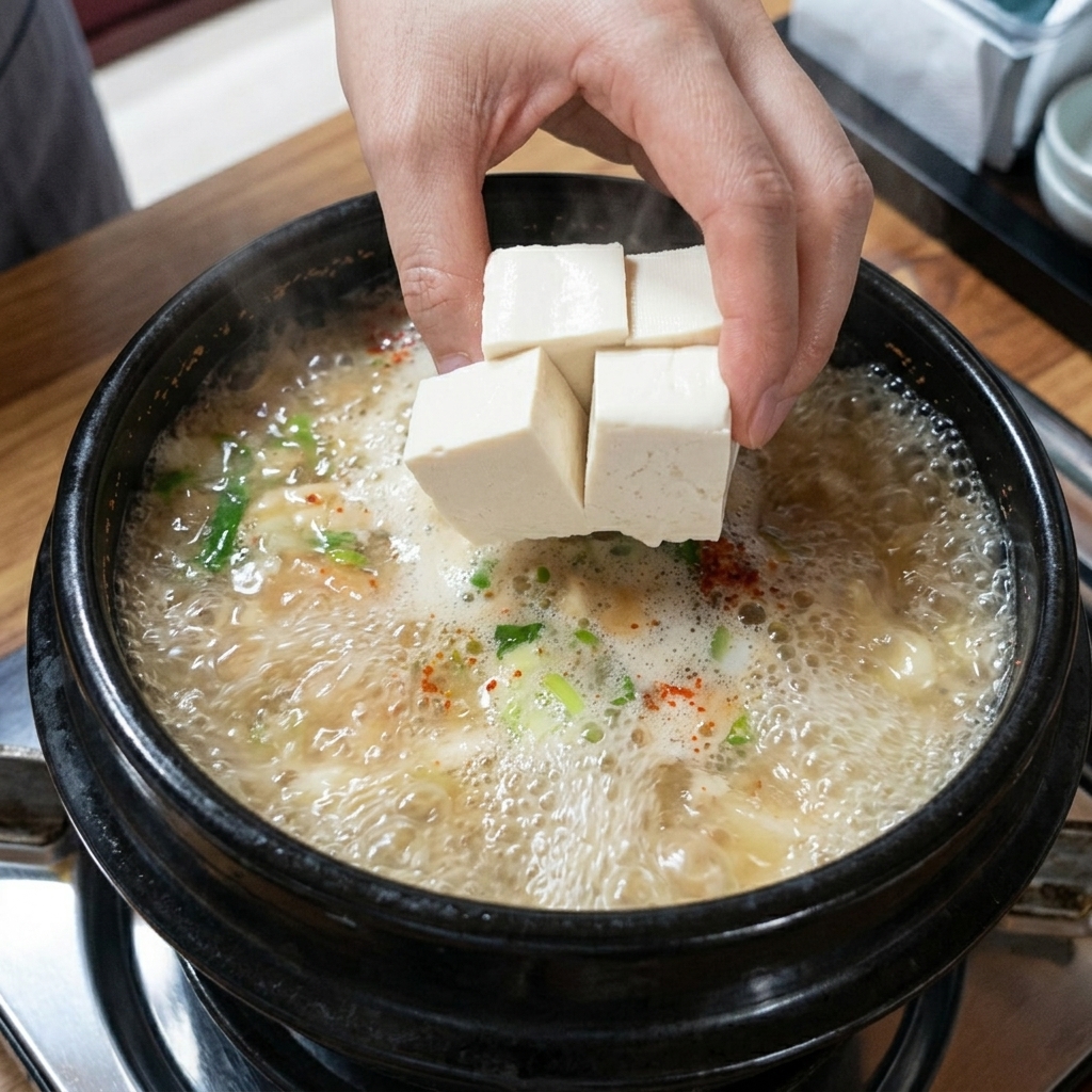 グツグツ煮立つテンジャンチゲに、柔らかい豆腐のスライスを慎重に加えている様子。