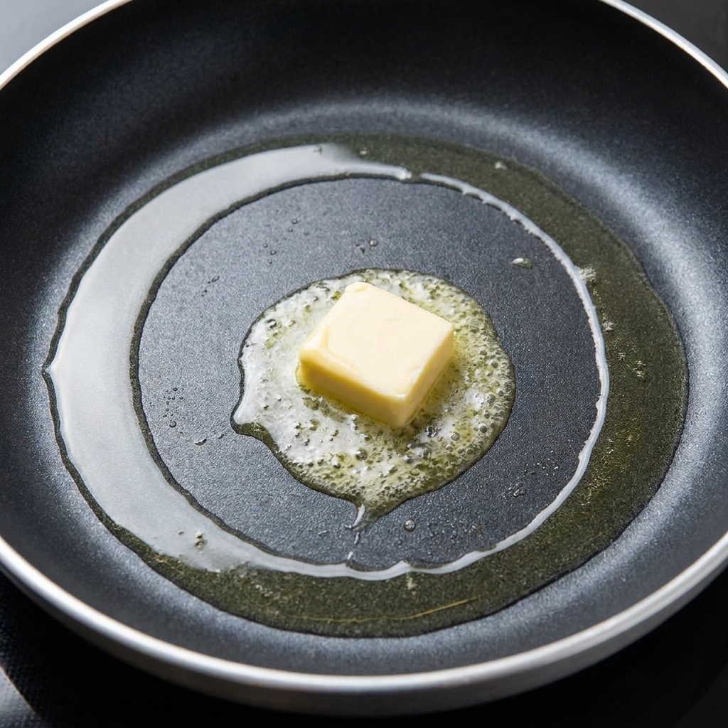 バターをひいたフライパンでバンズがこんがり焼けている様子。