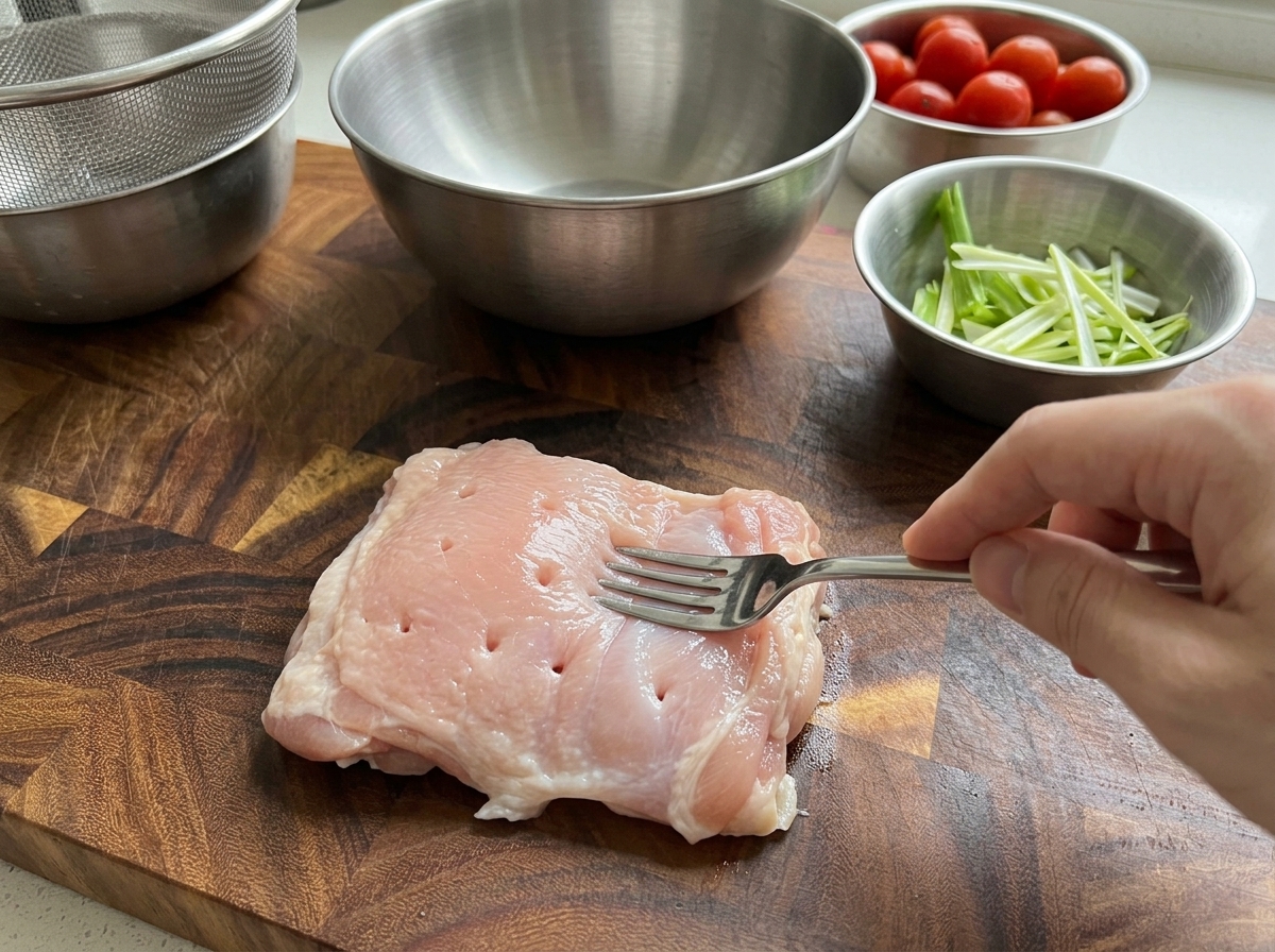 ボウルに入った鶏肉とネギ、生姜、調味料