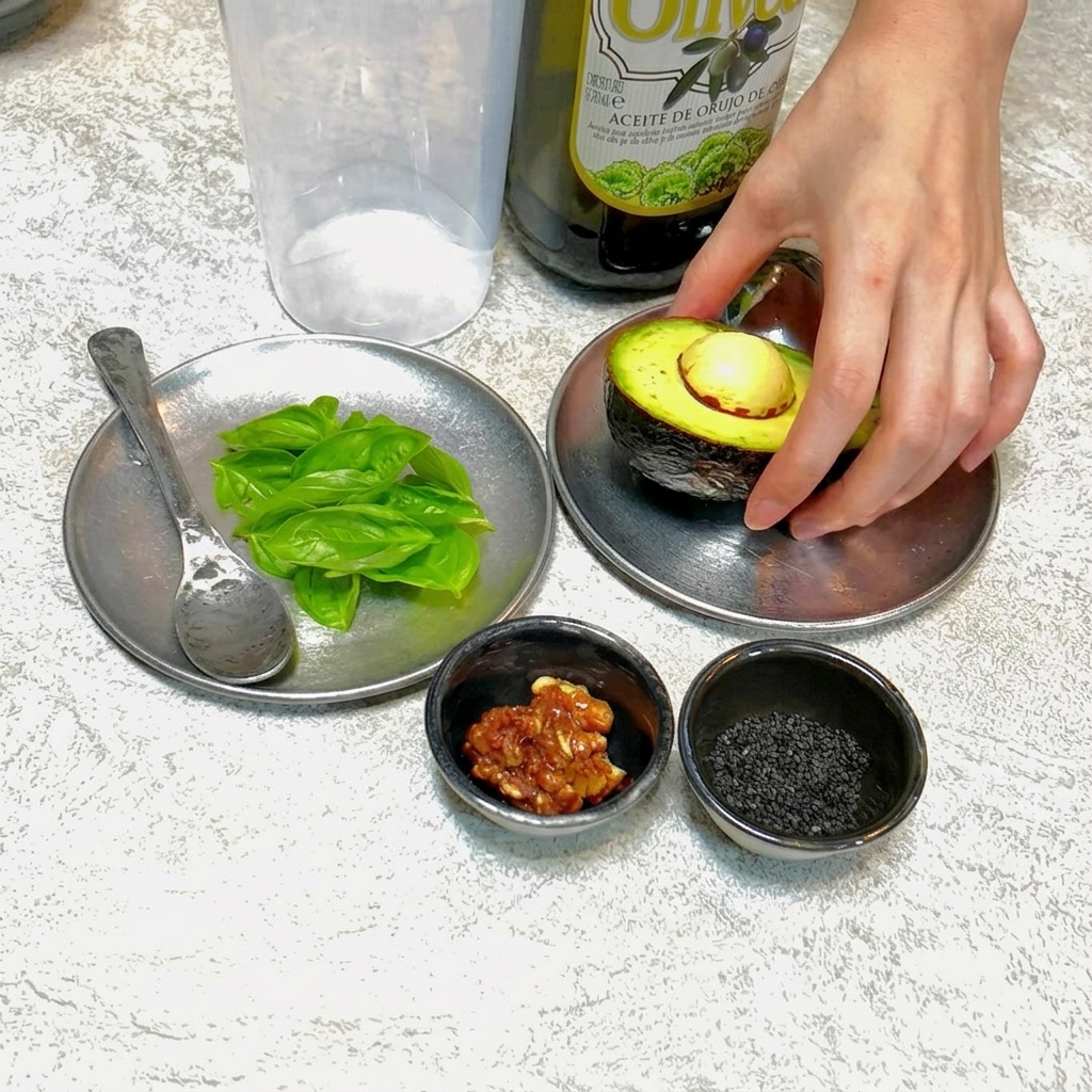 ミキサーにアボカド、バジル、くるみ、その他ソースの材料が入っており、滑らかにする直前の様子。