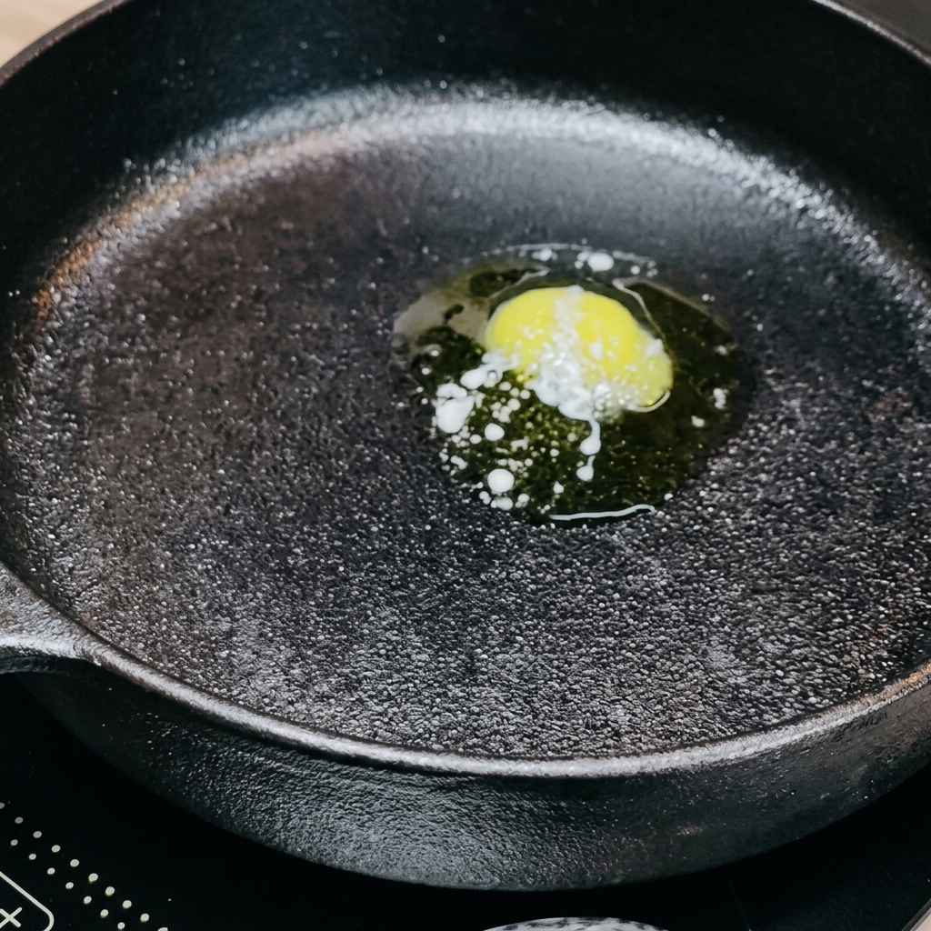 熱したフライパンでバターを溶かし、下味をつけた鶏もも肉を焼いている様子。