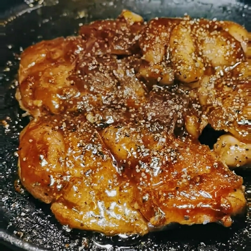 焼き上がり、ソースが絡まった鶏肉に、ペッパーミルで黒こしょうを振っている様子。