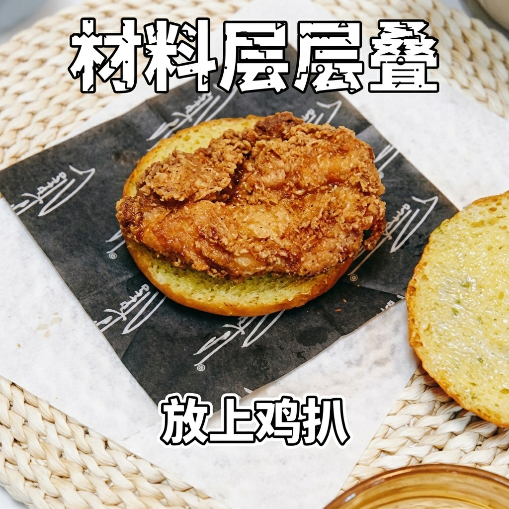 トーストしたバンズの下半分に、照り焼きソースが絡んだチキンをのせている様子。