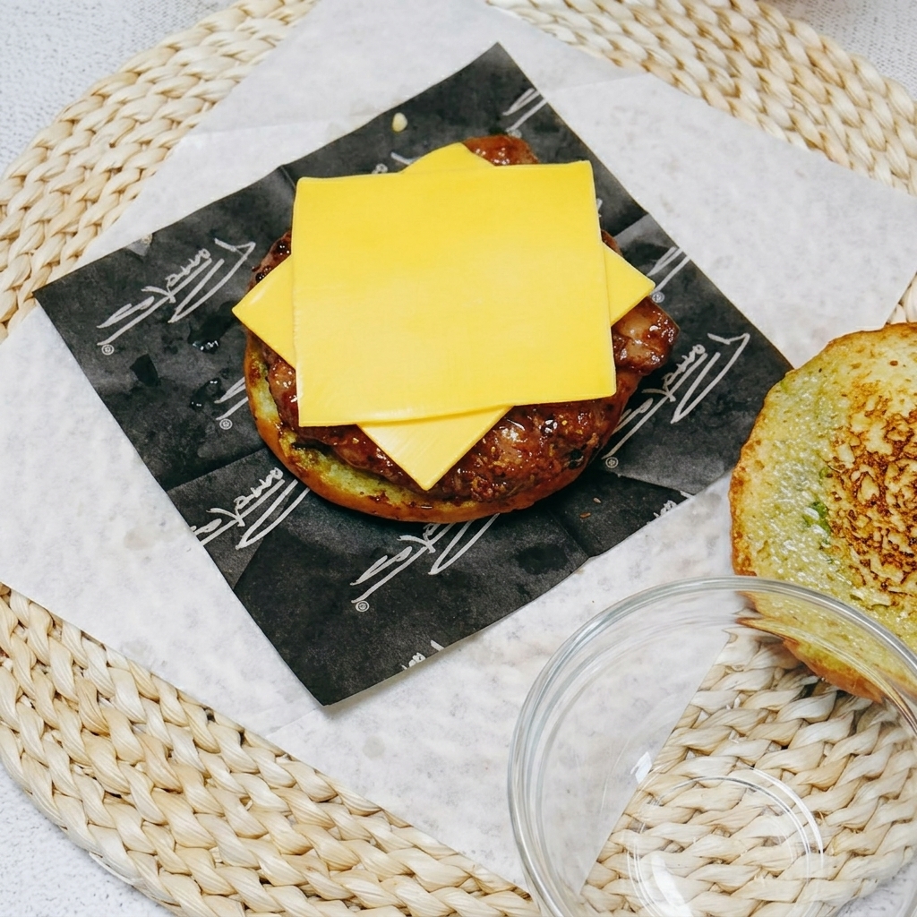 チキンの上にチーズ、きゅうり、ピクルス、目玉焼き、トマトをバランスよく積み重ねている様子。