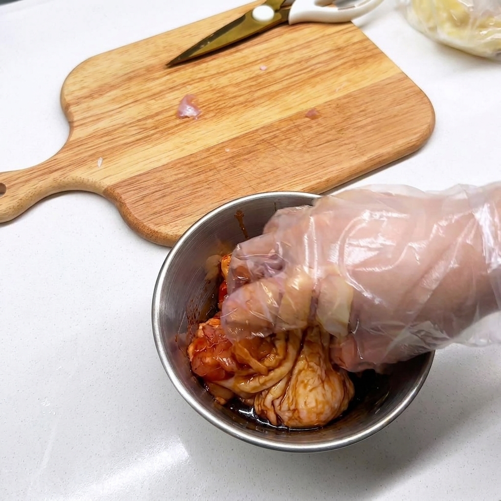 手袋をした手で、ボウルの中の鶏肉と調味料をしっかり混ぜ合わせている様子。
